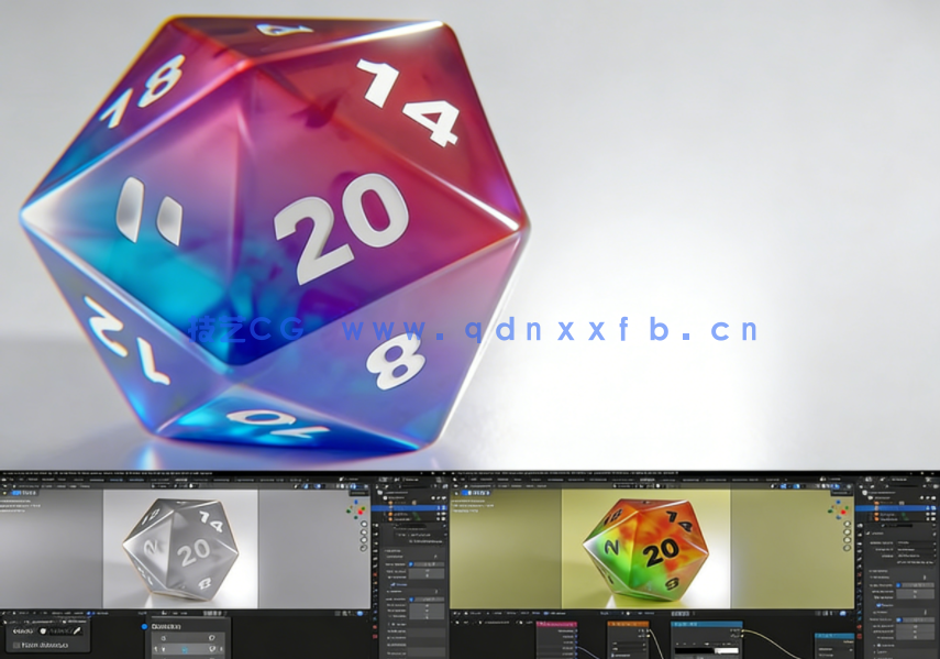 Blender鲜艳颜色20面塑料树脂材质骰子实例制作视频教程(图1)