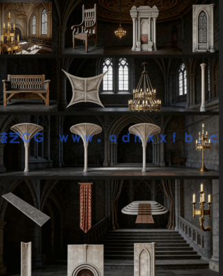 [室内设计] 中世纪哥特风格王座大厅室内场景全套3D模型(图4)