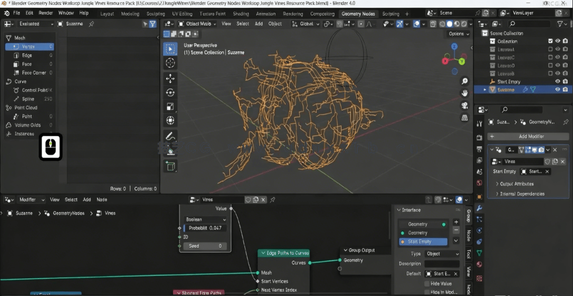 Blender 4几何节点藤蔓植物实例制作视频教程(图4)