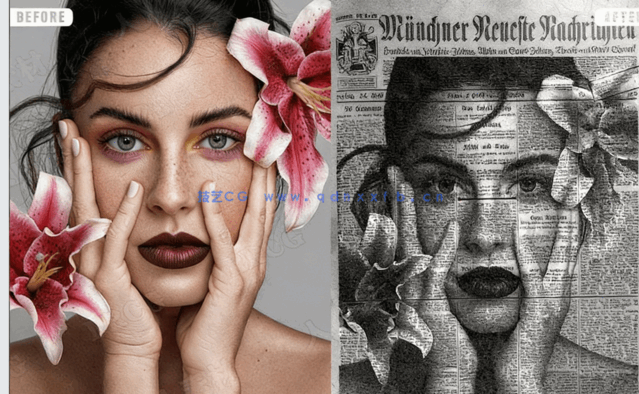 新闻黑白报纸纹理效果人像PSD模板(图2)