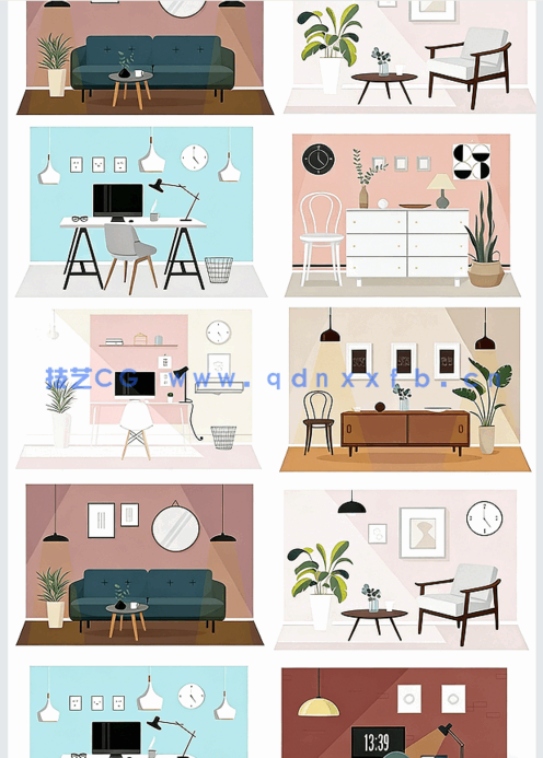 室内插画场景家具植物拼贴风效果图psd分层素材(图4)