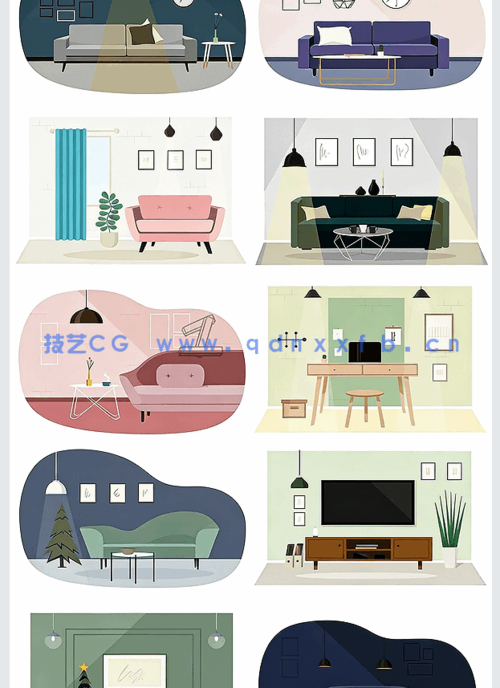 室内插画场景家具植物拼贴风效果图psd分层素材(图6)