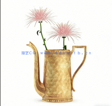 C4D金色茶壶里的粉色花朵观赏花模型 Pink Flowes in Golden Teapot(图1)