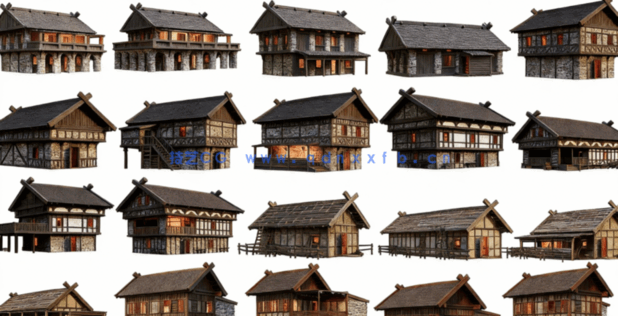 [建筑景观] 200座中世纪木质房屋建筑场景3D模型合集(图3)