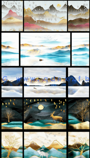 金色山水三联装饰画(图1)