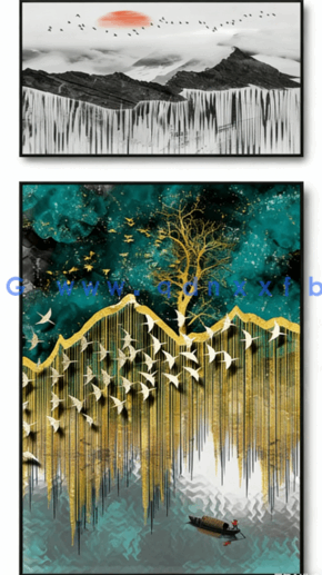 新中式抽象金箔线条山水意境轻奢玄关装饰画素材(图2)