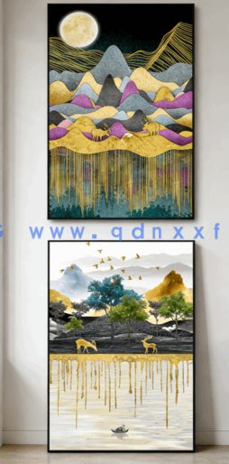 新中式抽象金箔线条山水意境轻奢玄关装饰画素材(图4)