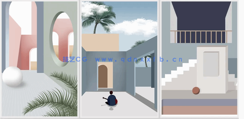 莫兰迪色系几何建筑沙发背景装饰画贴图素材(图2)