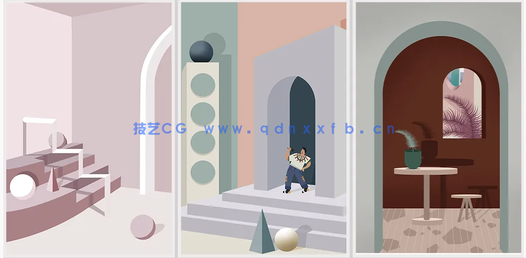 莫兰迪色系几何建筑沙发背景装饰画贴图素材(图3)