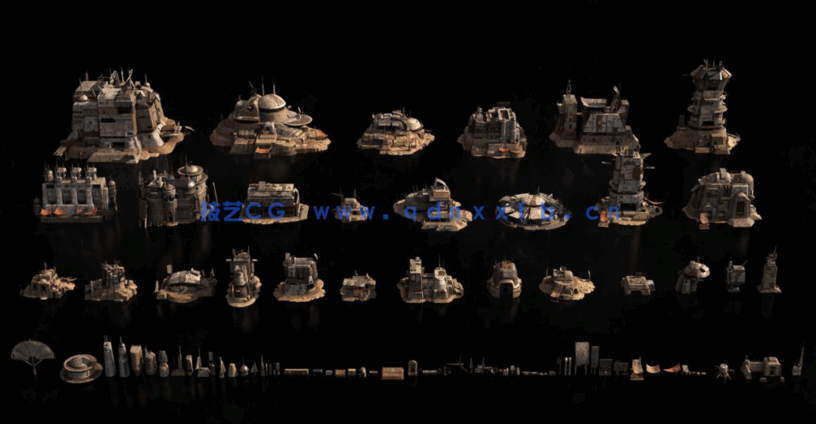 C4D游戏风格沙漠城堡防御工事地下巢穴通信塔建筑模型合集(图2)