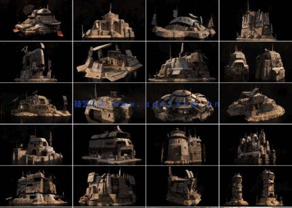 C4D游戏风格沙漠城堡防御工事地下巢穴通信塔建筑模型合集(图3)