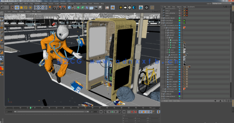 C4D工程悬浮的宇航员和蓝色电话亭夜晚环境神秘气氛室外场景源文件(图1)