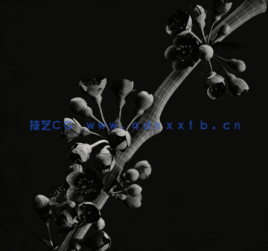 [家具模型] 精美樱花枝植物铝制金属花瓶3D模型(图3)