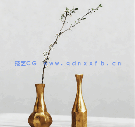 [家具模型] 精美樱花枝植物铝制金属花瓶3D模型(图1)