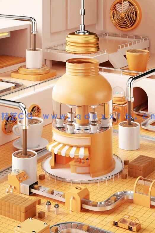 C4D咖啡创意制作流水线工厂电商OC渲染3D立体场景(图1)