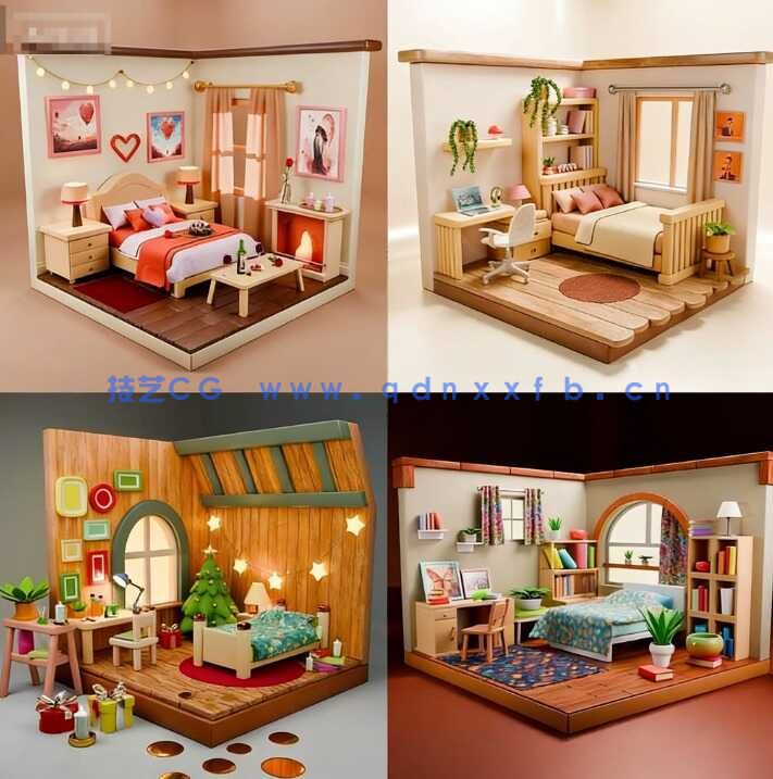 室内设计] 12组等轴视角迷你小房间室内场景3D模型合集(图4)