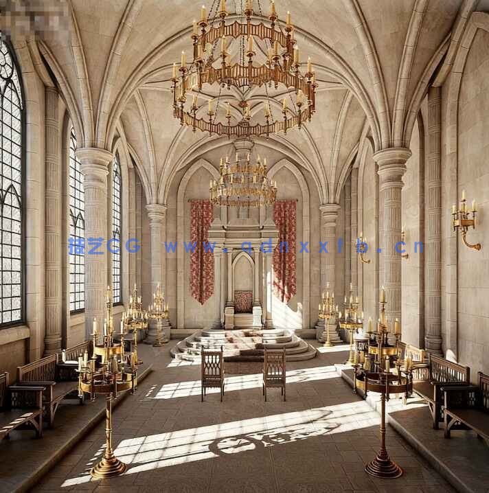 [室内设计] 中世纪哥特风格王座大厅室内场景全套3D模型 96GB(图2)