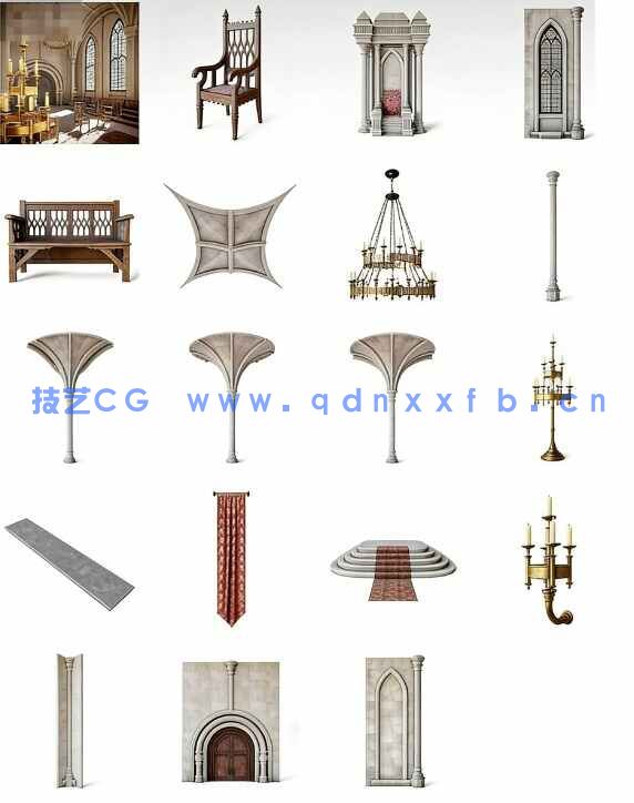 [室内设计] 中世纪哥特风格王座大厅室内场景全套3D模型 96GB(图3)