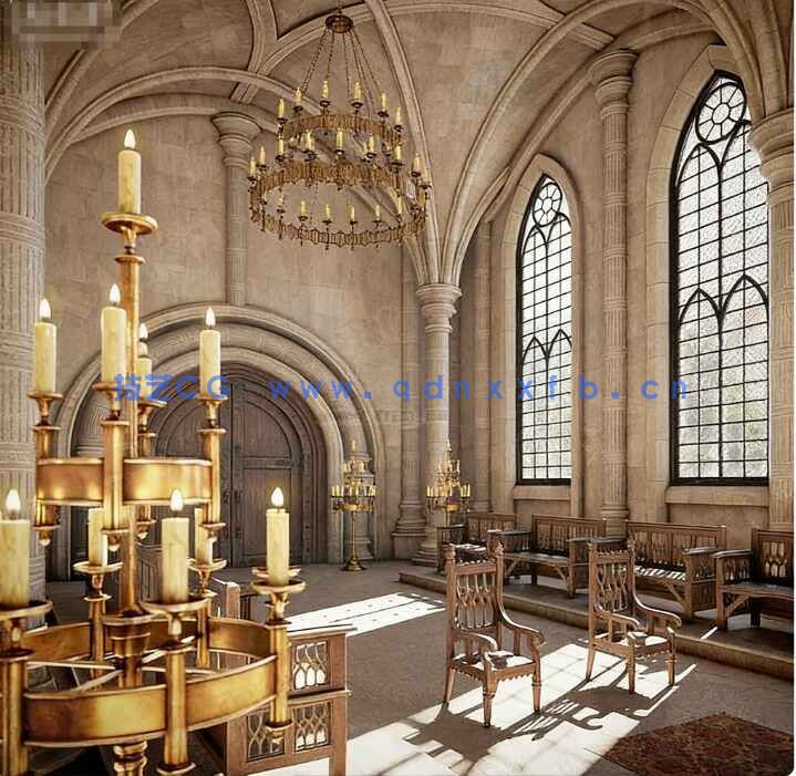 [室内设计] 中世纪哥特风格王座大厅室内场景全套3D模型 96GB(图1)