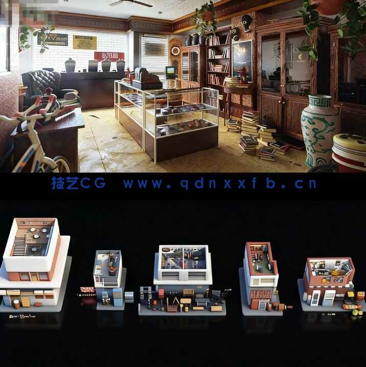 [室内设计] 日常生活小型商业商店旧货铺车库面包店水果鲜肉店等室内场景3D模型合集(图1)
