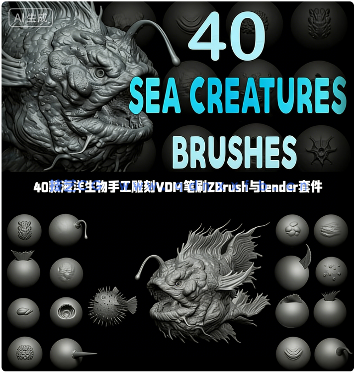 40款海洋生物手工雕刻VDM笔刷ZBrush与lender套件(图1)