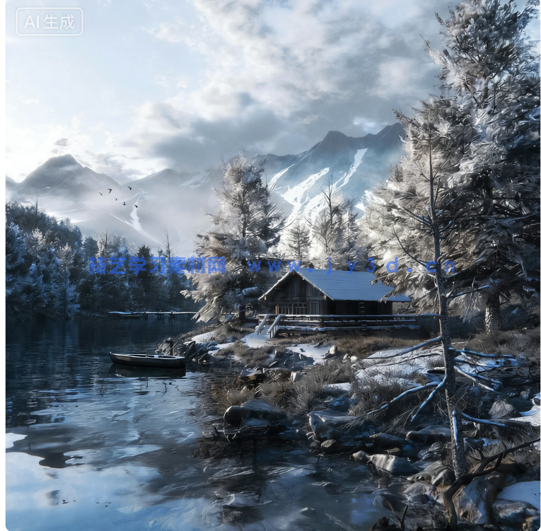 Blender冬日湖畔木屋3D户外自然景观场景模型(图1)