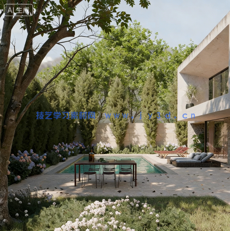 Blender 别墅游泳池院落场景模型(图1)