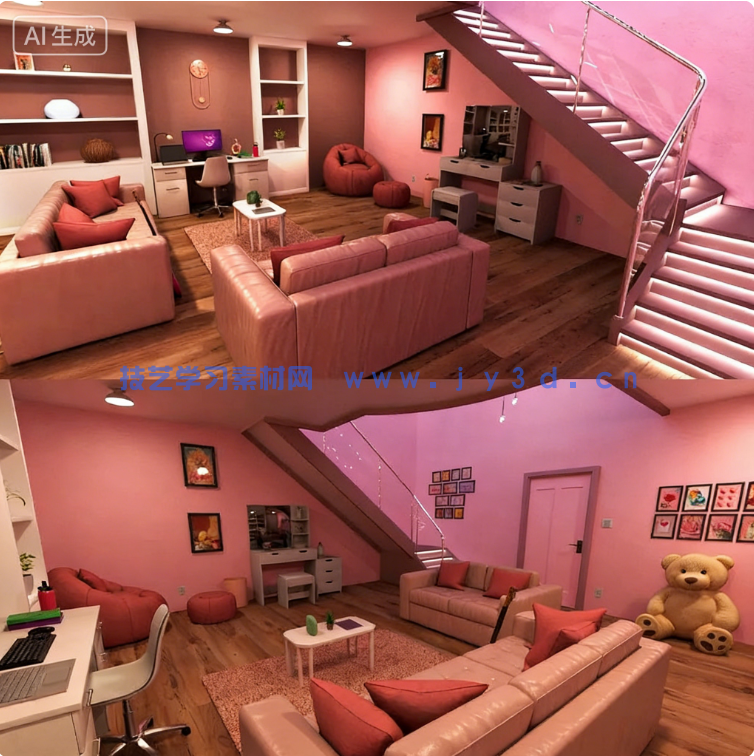 Blender 粉色室内卧室场景模型(图1)