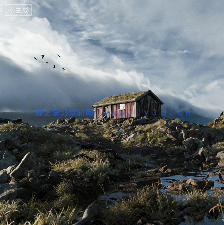 Blender山顶小木屋户外景观场景模型(图1)